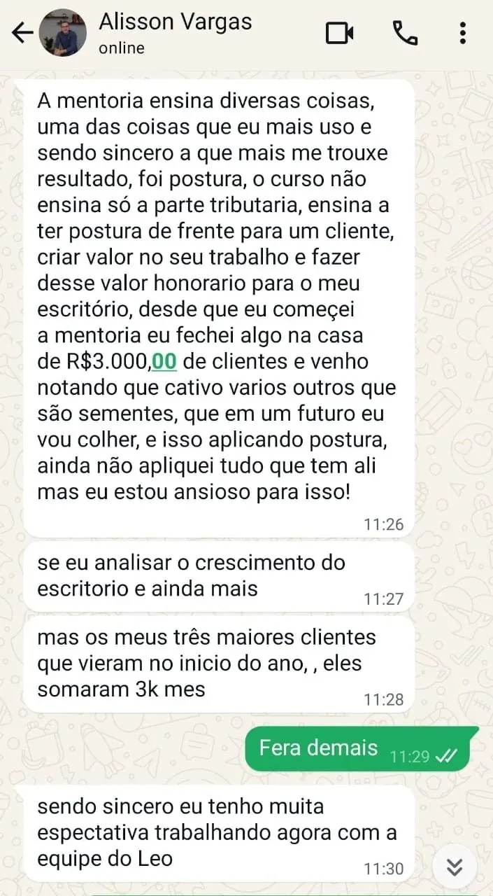Print de conversa: Alisson Vargas relata R$3 mil em novas mensalidades desde que começou a mentoria.